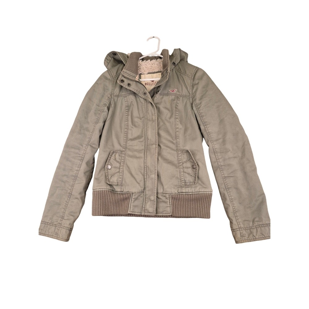 Hollister Womens Hooded Bomber Jacket Olive Green Faux Fur Lined Coat Sz L Y2K